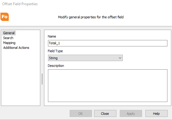 Offset field properties dialog. Enter the name of the field, select the data type, and enter a description.